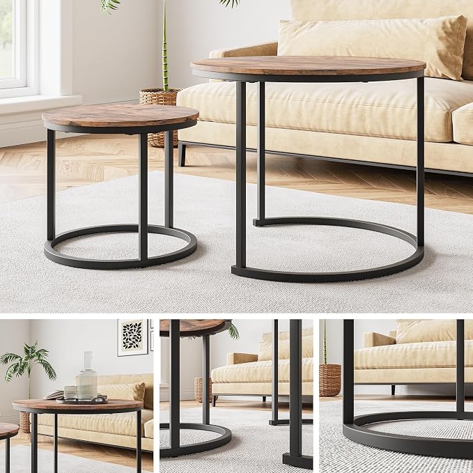 HOJINLINERO Small Round Nesting Coffee Table Set of 2 with Metal Frame and Wood Top, Modern Stacking Side Table for Living Room, Bedroom, Office, Brown