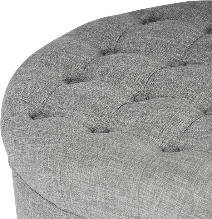 HomePop 25" Button Tufted Round Storage Ottoman - Gray Woven
