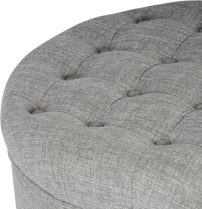 HomePop 25" Button Tufted Round Storage Ottoman - Gray Woven