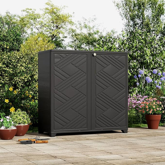 ZZM Indoor/Outdoor Storage Cabinet Waterproof, 34"x15"x34" Plastic Outdoor Storage Box for Garden Balcony Bathroom, All Weather Outdoor Storage Clearance, DIY Usage, with No Shelf (Black)