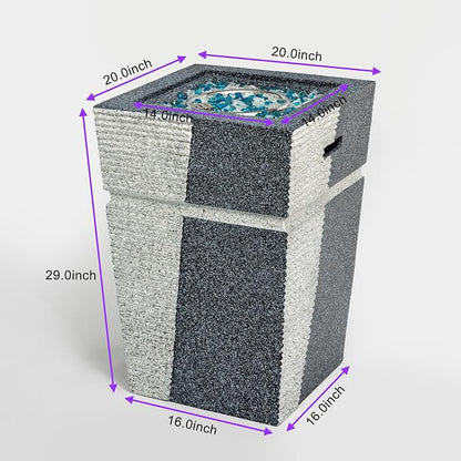 20" Propane Gas Fire Pit Table, 40000 BTU Square Concrete Outdoor Fire Pit with Glass Rocks & Rain Cover, Patio Fire Table for Backyard Deck Garden, Light Grey Blue