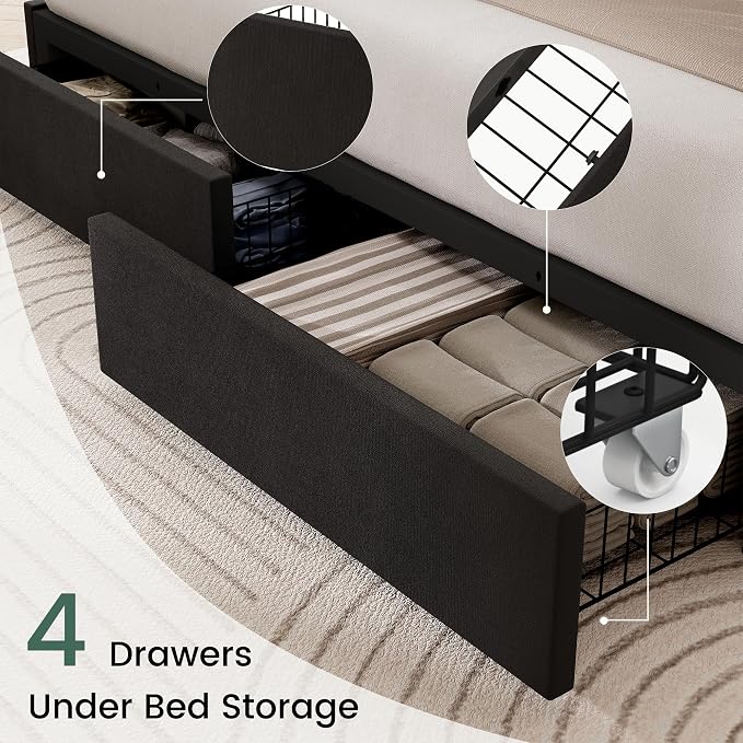 LARMACE King Size Bed Frame with 4 Storage Drawers and Wingback Headboard Velvet Upholstered Platform Bed Frame with Wooden Slats, Easy Assembly, Black