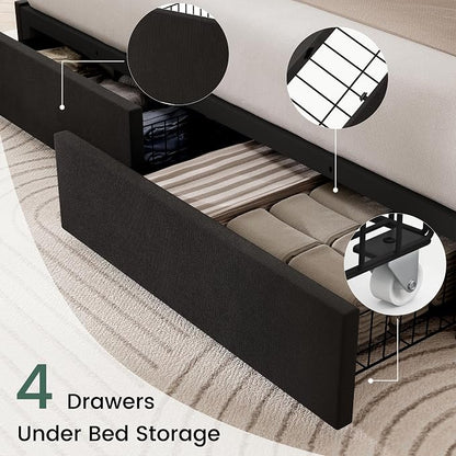 LARMACE King Size Bed Frame with 4 Storage Drawers and Wingback Headboard Velvet Upholstered Platform Bed Frame with Wooden Slats, Easy Assembly, Black