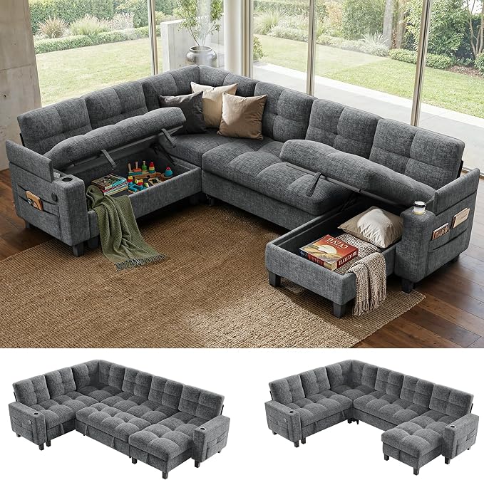 AMADA HOMEFURNISHING 110″ Modular Sectional Sleeper Sofa with Pull Out Couch, U Shaped 7 Seat Sectional Sofa with Storage, USB Ports & Cup Holders, Chenille Cloud Couches for Living Room, Light Gray