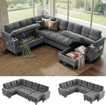 AMADA HOMEFURNISHING 110″ Modular Sectional Sleeper Sofa with Pull Out Couch, U Shaped 7 Seat Sectional Sofa with Storage, USB Ports & Cup Holders, Chenille Cloud Couches for Living Room, Light Gray