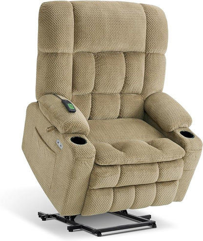 MCombo Oversized Power Lift Recliner Chair for Elderly, Dual Motor Lift Chair with Heat and Massage, Lay Flat Lift Chair for Big and Tall, Cup Holders, Fabric R7891 (Large-Wide, Beige)