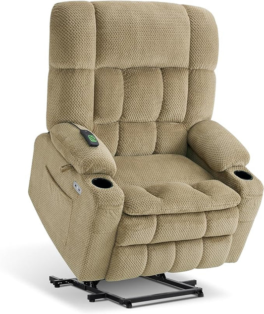 MCombo Oversized Power Lift Recliner Chair for Elderly, Dual Motor Lift Chair with Heat and Massage, Lay Flat Lift Chair for Big and Tall, Cup Holders, Fabric R7891 (Large-Wide, Beige)
