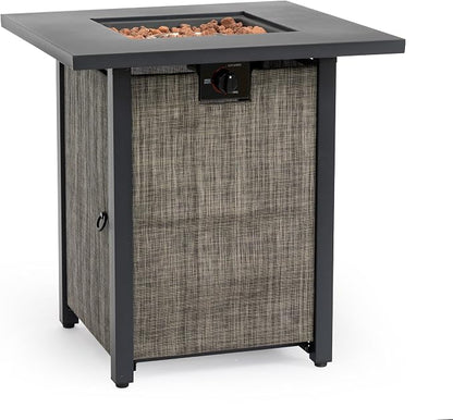 28" Propane Gas Fire Pit Table, 50000 BTU Square Outdoor Fire Pit with Steel Tabletop & Textilene Base, Patio Fire Table with Lava Rocks & Rain Cover for Backyard Deck Garden, Black