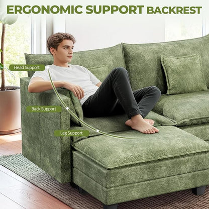 LEVELEVE 112.5" L-Shape Modular Sofa with 1 Ottomans, Deep Seat Cloud Convertible Sleeper, 3 Throw 2 Arm Pillows, Comfortable Upholstered Furniture for Living Room Apartment, Green