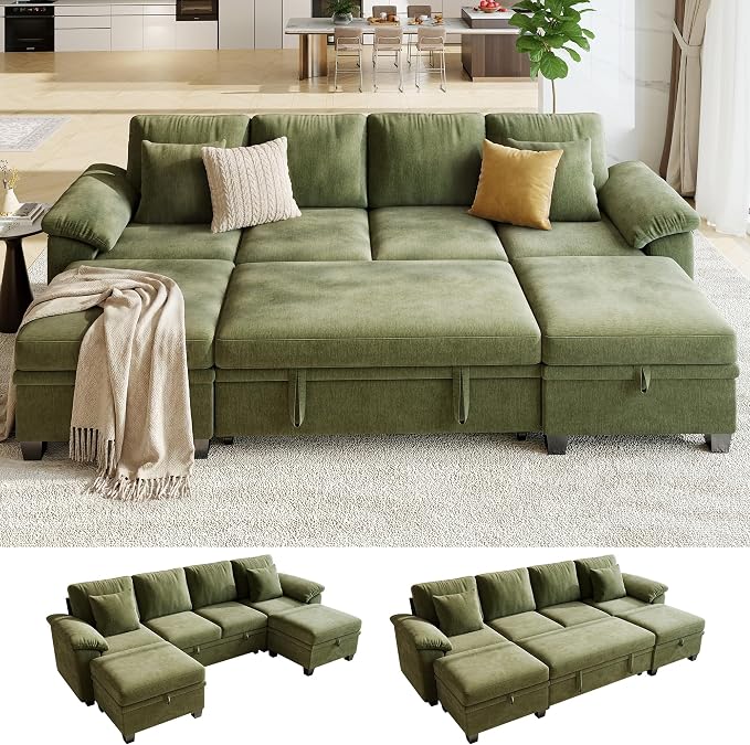 107.8" Modular Sectional Sleeper Sofa Bed, U Shaped 6 Seat Pull Out Couch with Storage Ottoman, Convertible Cloud Couch Bed, Sectional Couches for Living Room, Apartment (Green)