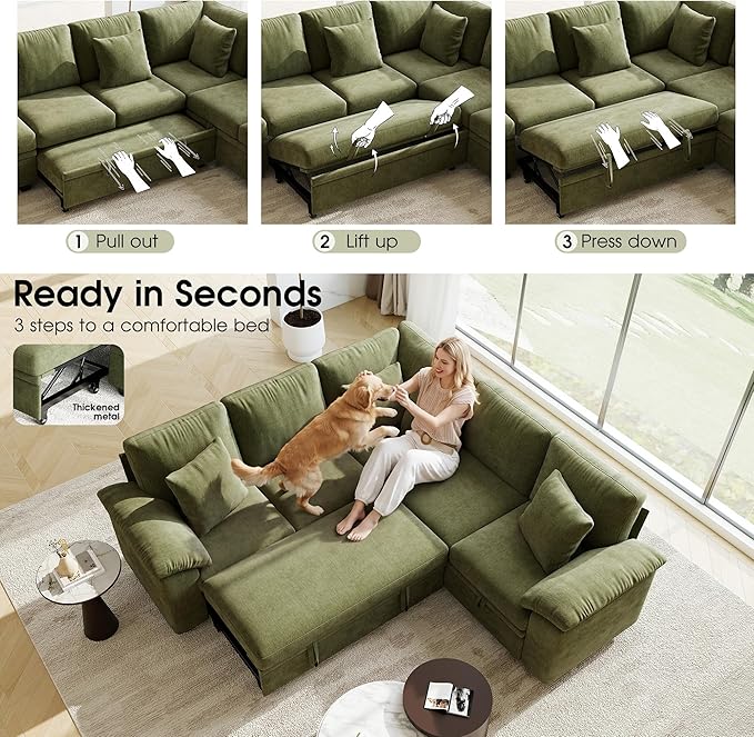 Sectional Sleeper Sofa with Pull Out Bed, 86" L Shaped 5 Seat Couch with 151L Storage, Convertible Cloud Couch Bed, Modular Sectional Couches for Living Room, Apartment (Green)