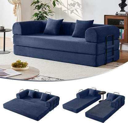 79" 5-in-1 Convertible Sofa Bed No Assembly, Boneless Couch Bed with High Density Foam, Foldable Sleeper Sofa, Corduroy Modular Couch for Apartment, Studio, Dorm Room, Small Space, Navy Blue