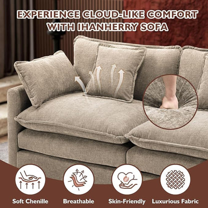 Ihanherry 146" U-Shaped Modern Sofa Modular Sectional Luxurious and Comfortable with 2 Ottoman, 6-Seat Chenille Deep Seat Sofa with 6 Pillows for Living Room, Bedroom and Apartment, Sand