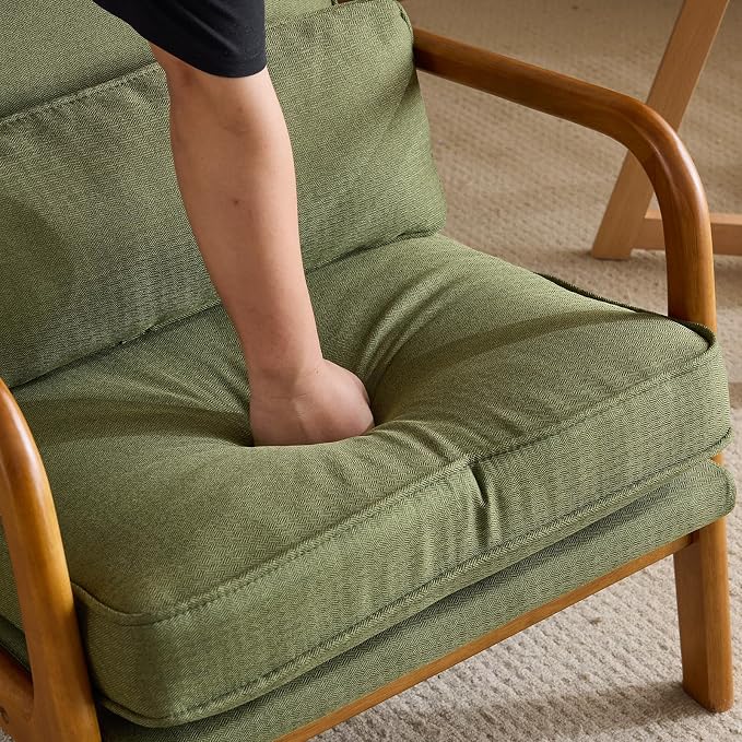 Bonnlo Dark Green Linen Mid Century Modern Accent Chair, Soild Wood Padding Lounge Armchairs Side Sitting Chairs for Living Room, Bedroom, Guest Room