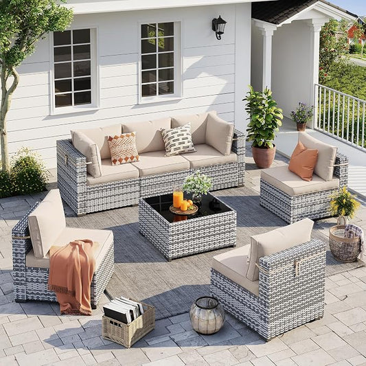 UDPATIO Outdoor Patio Furniture Set, 7 Pcs PE Wicker Sectional Sofa with Tea Table, Outdoor Conversation Set with Waterproof Cover for Patio, Garden, Backyard (Beige Cushions with Grey Rattan)