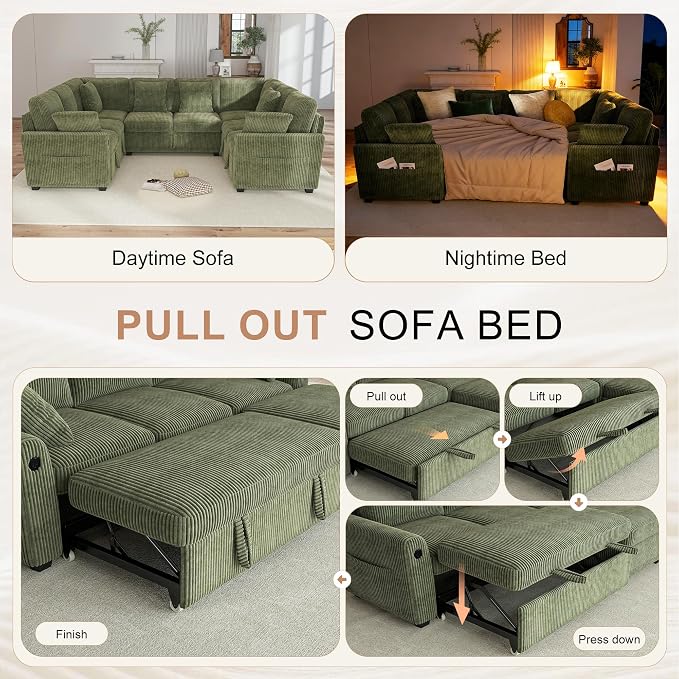 Hanherry Sectional Sofa with Pull Out Couch Bed,Corduroy Sleeper Sofa with 2 Seat Storage & USB Charging,Comfy Modular Couches for Living Room,Apartment