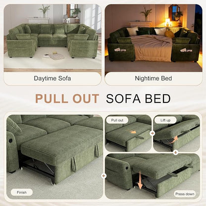 Hanherry Sectional Sofa with Pull Out Couch Bed,Corduroy Sleeper Sofa with 2 Seat Storage & USB Charging,Comfy Modular Couches for Living Room,Apartment
