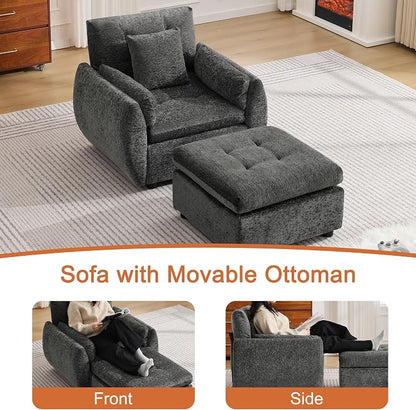 30" Modular Cloud Accent Chair with Ottoman, Deep Seat Tufted Chenille Sofa Chair with Curved Arms, Upholstered Reading Chairs for Living Room, Bedroom, Dark Grey