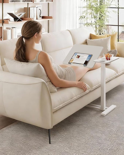 SANODESK Small Rolling Overbed Table Adjustable Height with Wheels, Mobile Laptop Desk with Tilting Desktop, Portable Computer Workstation for Home Office, Classroom, Bedside, White