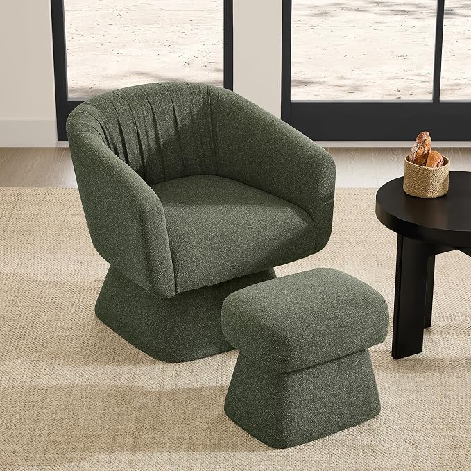 Zerel's Home Swivel Accent Chair with Ottoman, Upholstered Barrel Accent Chair, Modern Accent Chair with Pleated Backrest and Arms, Boucle Armchair for Living Room Bedroom, Green