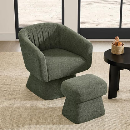 Zerel's Home Swivel Accent Chair with Ottoman, Upholstered Barrel Accent Chair, Modern Accent Chair with Pleated Backrest and Arms, Boucle Armchair for Living Room Bedroom, Green