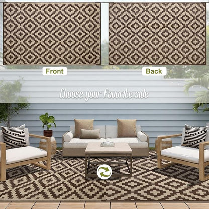 SAND MINE Reversible Mats, Plastic Straw Rug, Modern Area Rug, Large Floor Mat and Rug for Outdoors, RV, Patio, Backyard, Deck, Picnic, Beach, Trailer, Camping (6' x 9', Brown & Beige)