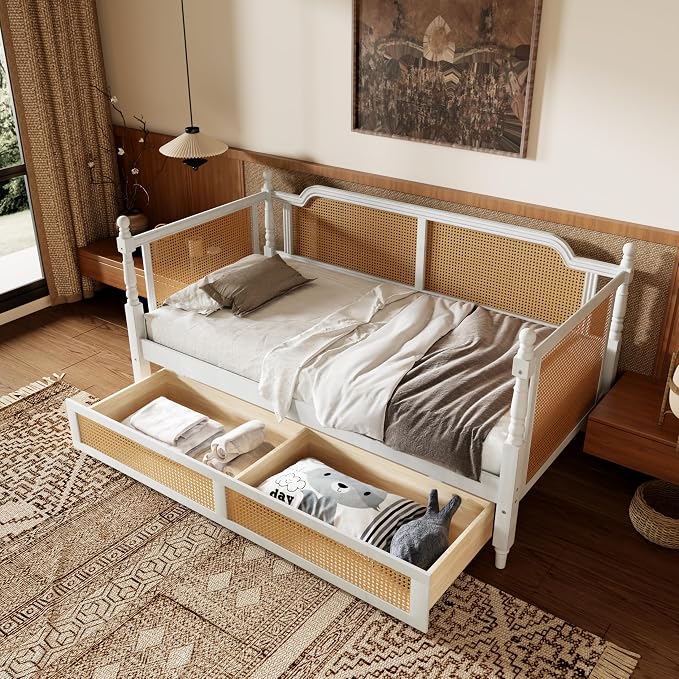 Merax Twin Size Rattan Bed Frame with 2 Storage Drawers, Wood Bedframe Daybed for Bedroom, Guest Room, Limited Spac, No Box Spring Needed, Antique White