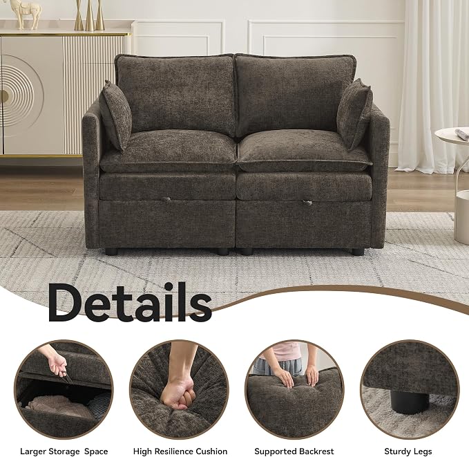 55" Cloud Modular Loveseat Sofa with Storage, Modern Upholstered Sofa Couch Small Love Seat, 2 Seater Chenille Comfy Sectional Sofa with Armrests for Living Room, Small Space, Brown