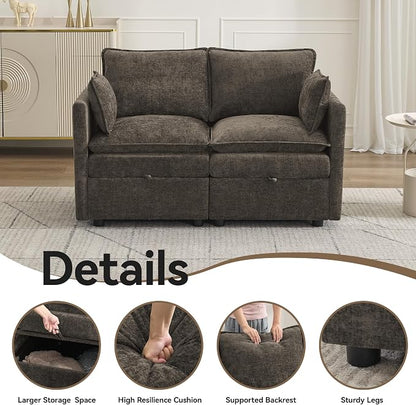 55" Cloud Modular Loveseat Sofa with Storage, Modern Upholstered Sofa Couch Small Love Seat, 2 Seater Chenille Comfy Sectional Sofa with Armrests for Living Room, Small Space, Brown