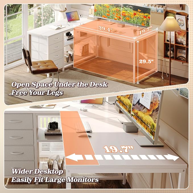 PRAISUN 53" L Shaped Desk with Power Outlets & USB-C Port, Reversible Computer Corner Office Desk with 4 Fabric Drawers and 2 Storage Shelves, Large Desk for Gaming Writing Work Study, White