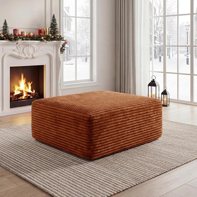 Corduroy Ottoman, Modern Boneless Cloud Foot Rest Foam Support, Oversized Modular Sectional Sofa Rectangel Stool for Living Room, Bedroom & Small Spaces, No Assembly Required (Orange, Ottoman)