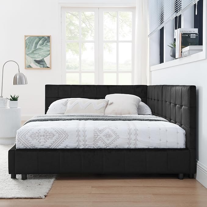 Bellemave Full Size Corner Bed Frame with Comfortable Backrest and Armrests, Velvet Tufted Corner Bed Frame Full Size, Upholstered Daybed for Bedroom, Living Room, Guest Room, Black