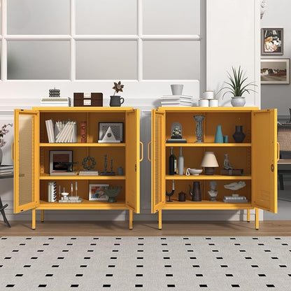 Yellow Metal Locker CabinetsMetal Locker Storage Cabinet with Mesh Doors and Adjustable Shelves Coffee Bar Cabinet,Kitchen Pantry Storage Cabinets for Home, Office, Entryway and Hallway