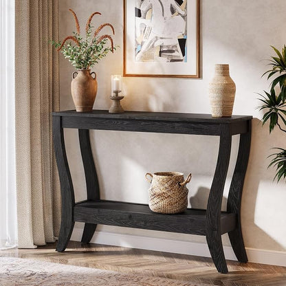 Solid Wood Console Table with Storage, 41.3-Inch Farmhouse Entryway Table with Shelf, 2-Tier Wooden Sofa Table for Living Room, Hallway, Foyer (Black)