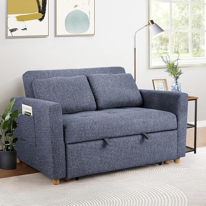 SEJOV Convertible Sofa Bed, 3-in-1 Sleeper Sofa Pull Out Couch Bed, 2-Seater Linen Fabric Loveseat Futon with Spring Support, Adjustable Backrest for Small Spaces, Living Room, Navy Blue