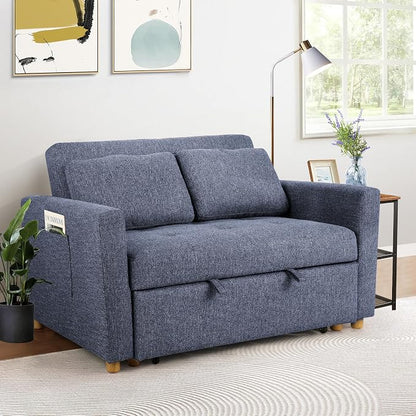 SEJOV Convertible Sofa Bed, 3-in-1 Sleeper Sofa Pull Out Couch Bed, 2-Seater Linen Fabric Loveseat Futon with Spring Support, Adjustable Backrest for Small Spaces, Living Room, Navy Blue