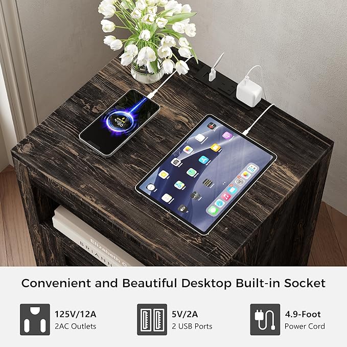 Luoxiao Nightstand Set of 2 with Charging Station, End Table, 18" Farmhouse Side Table with 2 Storage Drawers, Rustic Wooden Sofa Table, Bedside Cabinet for Living Room, Bedroom