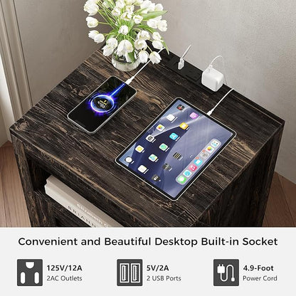 Luoxiao Nightstand Set of 2 with Charging Station, End Table, 18" Farmhouse Side Table with 2 Storage Drawers, Rustic Wooden Sofa Table, Bedside Cabinet for Living Room, Bedroom