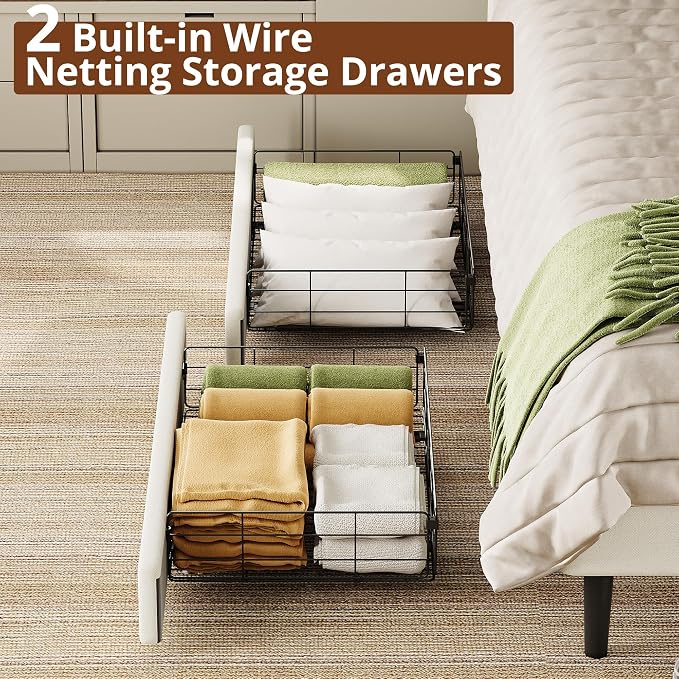 LIKIMIO Twin XL Daybed with Headboard, Corner Bed Frame with Bed Rails and Storage Drawers, Solid Support, for Bedroom Guest Room, Cream