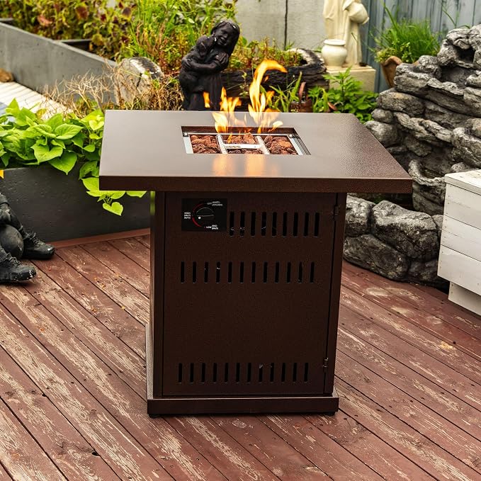 GDFStudio 28" Square Propane Gas Fire Pit Table, 50000 BTU Outdoor Steel Patio Heater with Hidden Tank Storage and Lid for Garden Deck Backyard, Brown