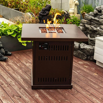 GDFStudio 28" Square Propane Gas Fire Pit Table, 50000 BTU Outdoor Steel Patio Heater with Hidden Tank Storage and Lid for Garden Deck Backyard, Brown