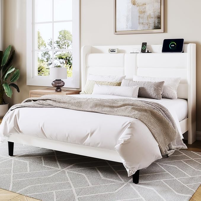 Allewie Full Size Platform Bed Frame with Charging Station & Storage Headboard, Upholstered Velvet Wingback Design & USB Port, Strong Wooden Slats Support, No Box Spring Needed, Easy Assembly, White