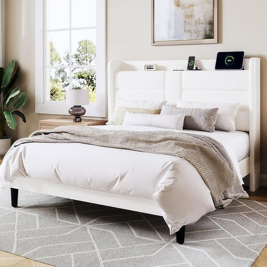 Allewie Full Size Platform Bed Frame with Charging Station & Storage Headboard, Upholstered Velvet Wingback Design & USB Port, Strong Wooden Slats Support, No Box Spring Needed, Easy Assembly, White