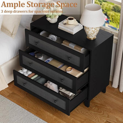 Rattan 3 Drawer Dresser for Bedroom, Small Boho Black Dresser with Wood Handles, Wood Nightstand, 29.52" Wide Modern Dresser, Chests of Drawers for Living Room, Entryway, Hallway