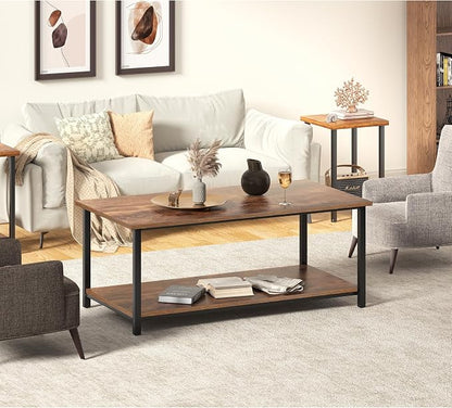 SENIG 2-Tier Coffee Table with Storage Shelf for Living Spaces, Brown Rectangle Wood and Sturdy Metal Side End Table, Functional Center Table for Living Room, 39.3 x 20 x 16