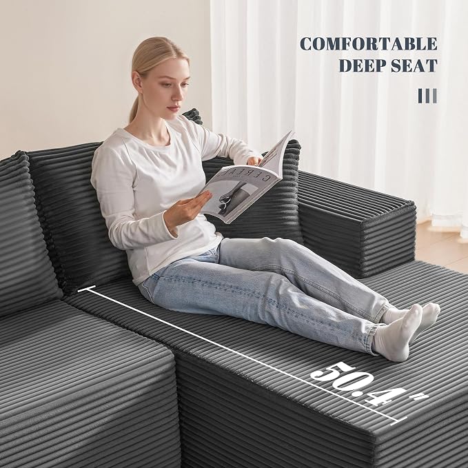 Mangodan 140” Cloud Sectional Couch, Boneless Sofa for Living Room, Modular Sectional Sofa with Deep Seat, Comfy Fluffy L-Shaped Couch with Right-Facing Chaise, No Assembly Required, Grey