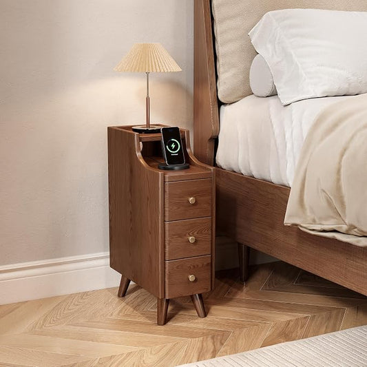 Narrow Nightstand with Drawers, 7.9" Solid Wood Nightstand with Open Shelf & Cable Hole, Modern Night Stand Slim Bedside Table for Small Spaces, Bedroom, Study
