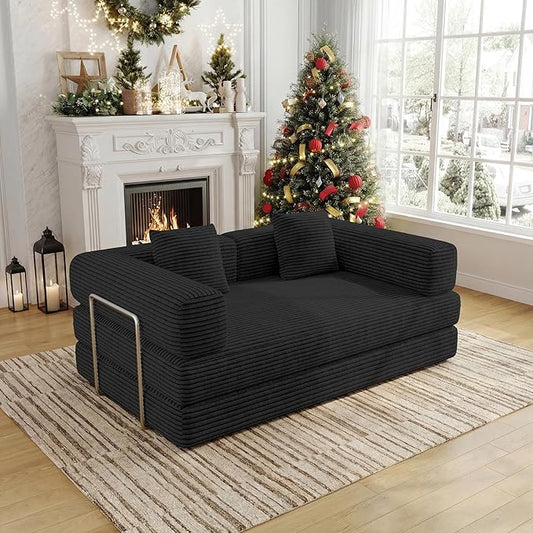 BSHOMGI 59 Inch Convertible Sofa Bed, 4-in-1 Futon Sofa Bed Pull Out Sleeper Couch, Modular Couches Bed for Living Room, Corduroy Boneless Loveseat for Bedroom, Apartment, No Assembly, Black, 2 Seat