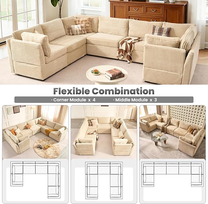 ovios Modular Sectional Sofa Couch with U-Shape Chaise Oversized, Comfy Plush Corduroy Cloud Couches, Modern Luxury Deep Seat Sofas Set for Living Room, 7-Seater, Beige