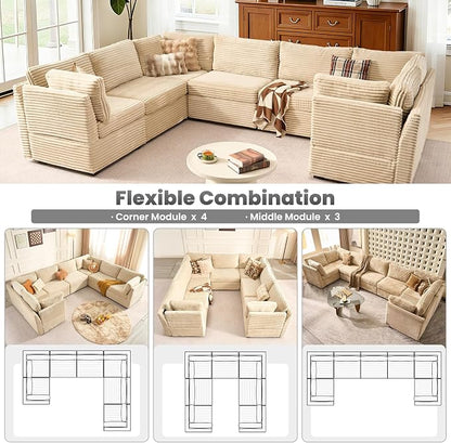 ovios Modular Sectional Sofa Couch with U-Shape Chaise Oversized, Comfy Plush Corduroy Cloud Couches, Modern Luxury Deep Seat Sofas Set for Living Room, 7-Seater, Beige